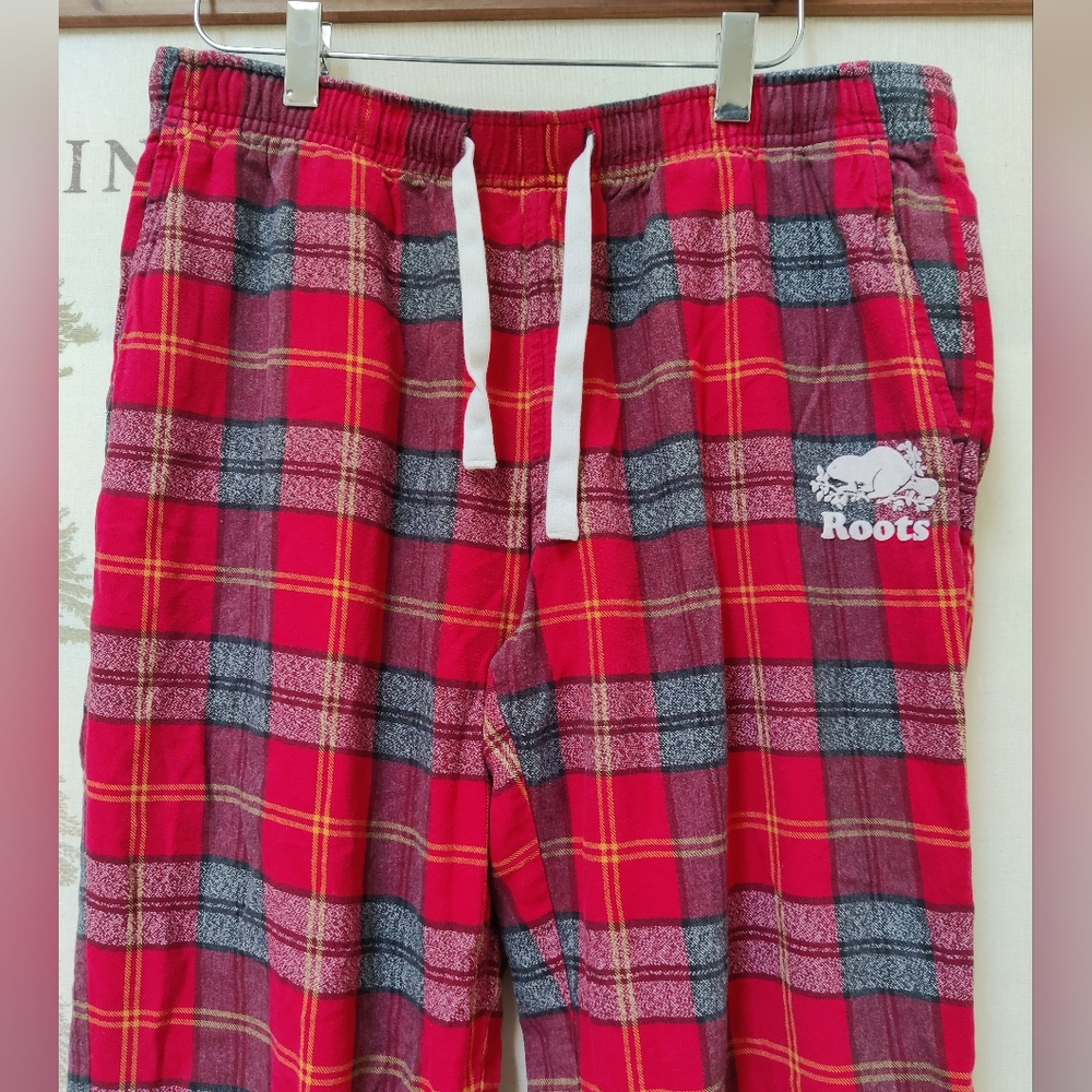 Roots Red Plaid Flannel Lounge Pants Size M Unisex 100% Cotton Pajama Bottoms